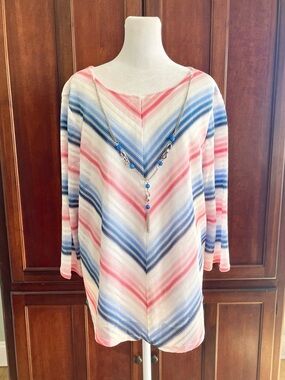 Alfred Dunner Chevron Striped Blue & Pink Long Sleeve Top comes with Necklace!